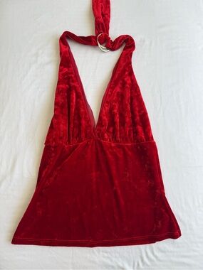 Vintage Cache Red Velvet Halter Top with Ring Detail